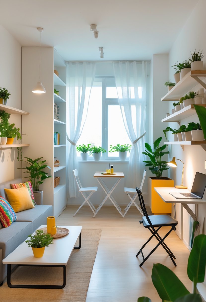 A small apartment interior showing a living area with a sofa, coffee table, bookshelf, dining nook with foldable table, kitchen with open shelves, wall-mounted desk, and various potted plants.
