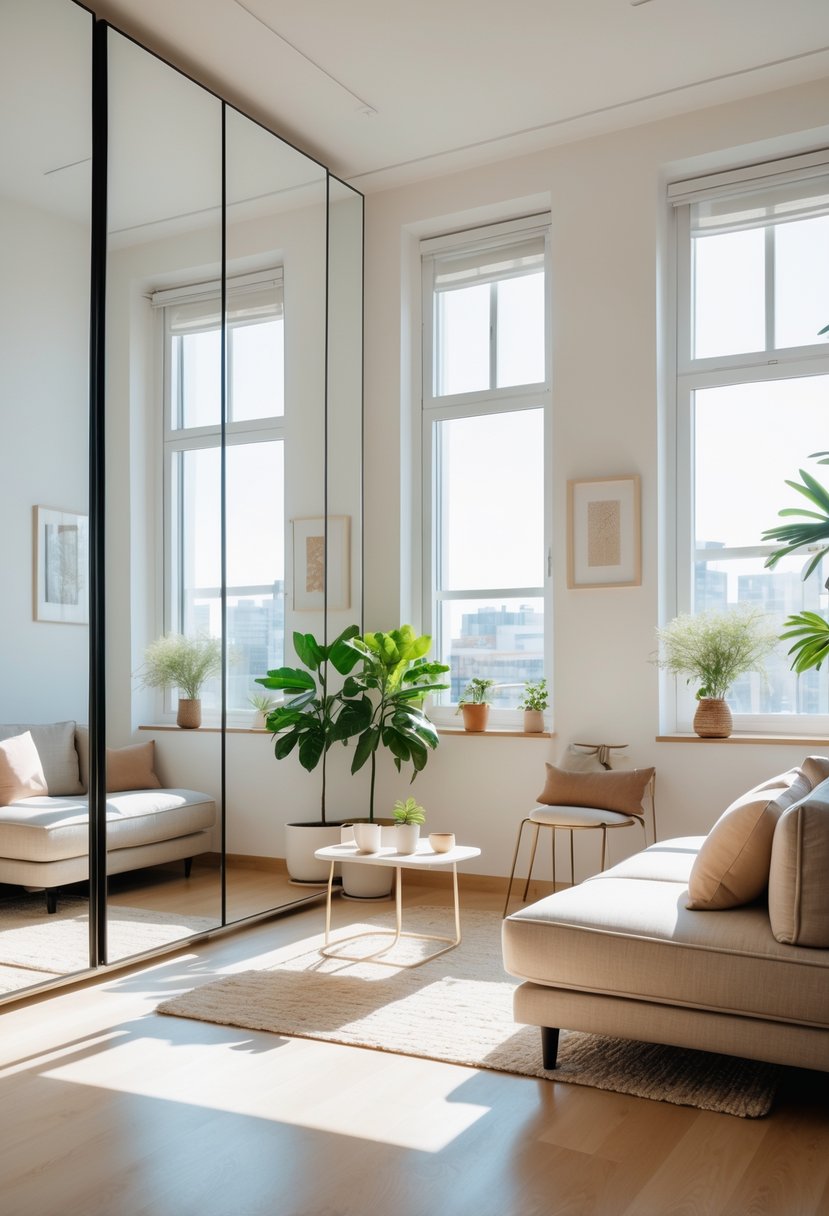 A small apartment living room with large mirrors opposite windows reflecting natural light, making the space appear bright and open.