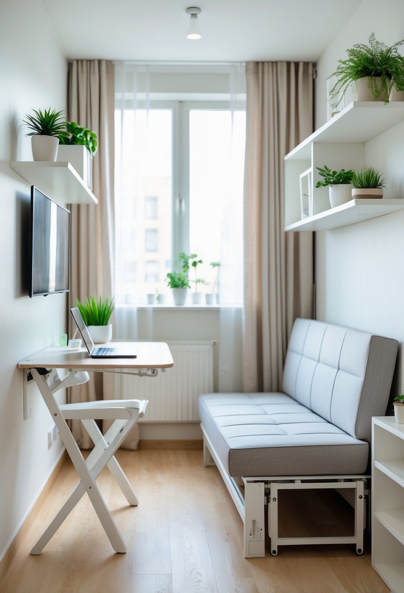 A small apartment interior with a fold-out desk and a partially unfolded sofa bed, decorated with plants and storage solutions.