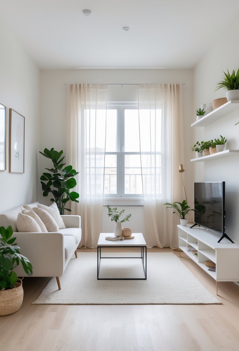 A small apartment living room with light-colored walls, natural light, and minimalist furniture creating an open and spacious feel.