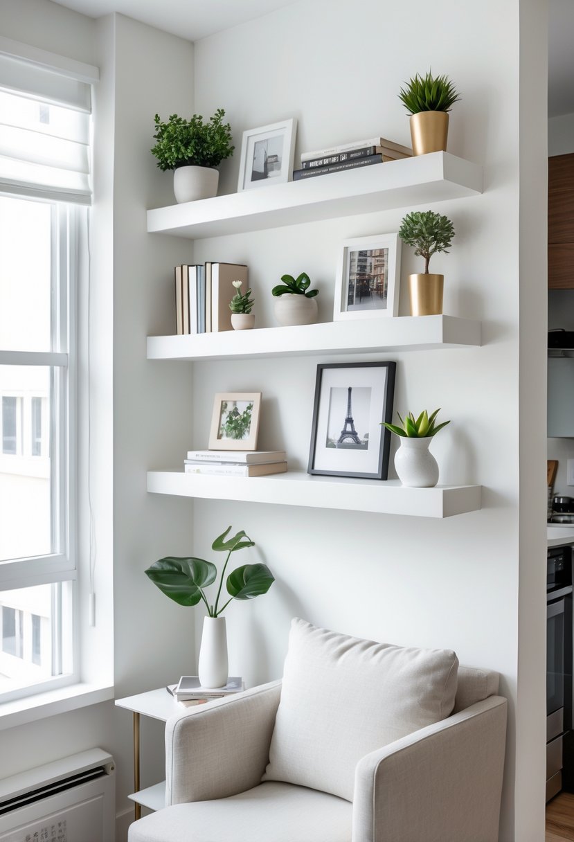 A small apartment interior with floating shelves displaying decor items above a seating area.
