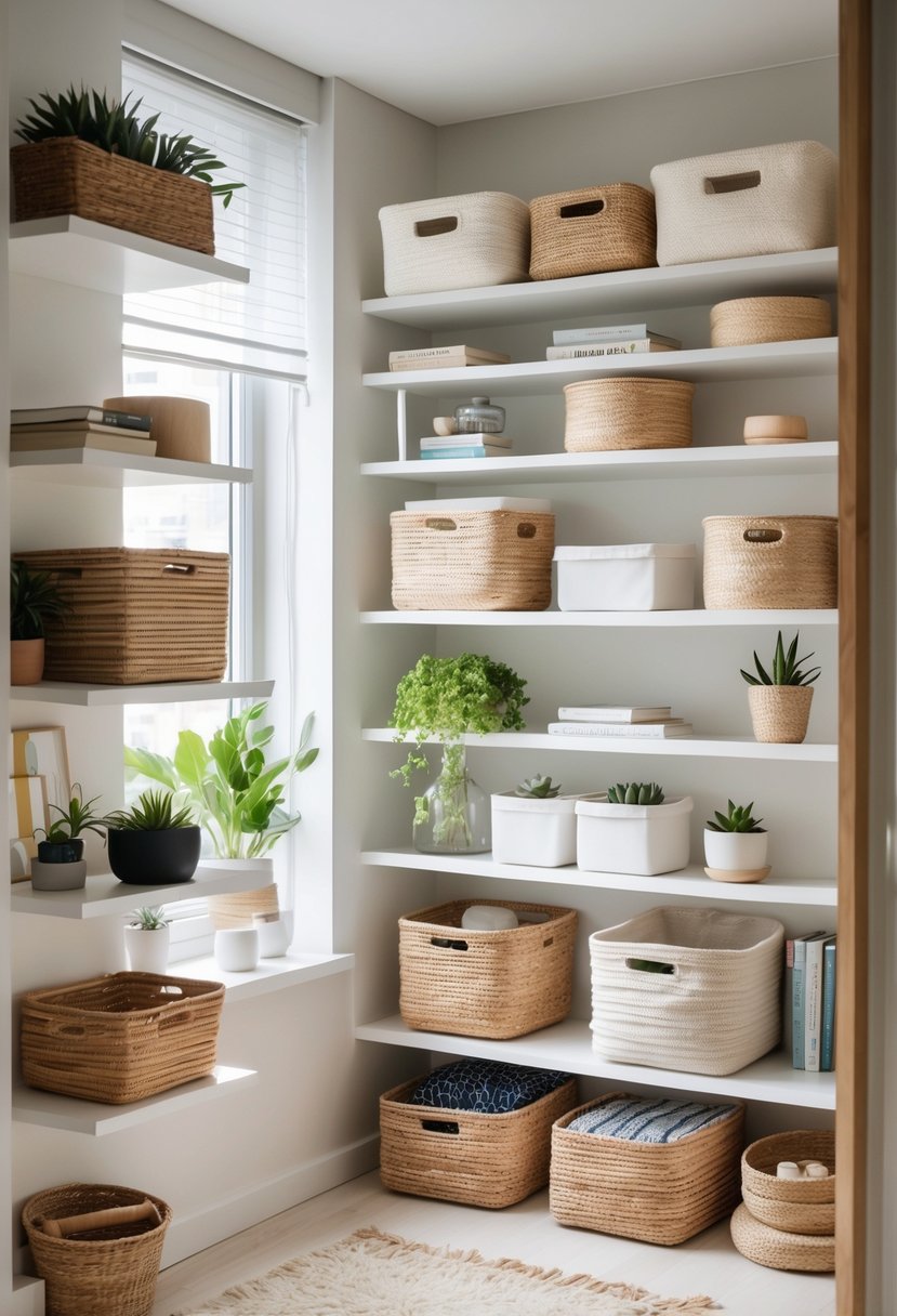 A small apartment shelf with bins and baskets neatly organizing household items, creating a tidy and clutter-free space.