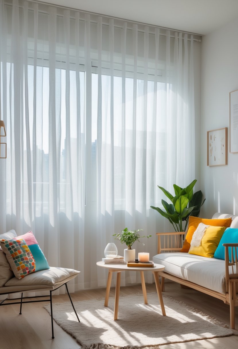 A small apartment living area with sheer curtains allowing natural light to fill the room, featuring a sofa, coffee table, and decorative plants.