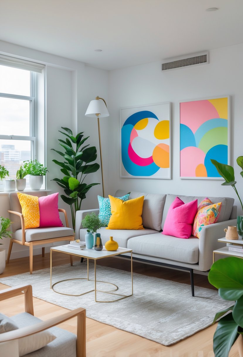 A small apartment living room with a modern sofa, colorful pillows, abstract artwork, plants, and natural light.