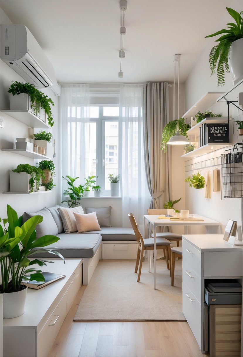 A small apartment interior with multi-functional furniture, wall shelves, plants, and natural light creating an organized and cozy living space.
