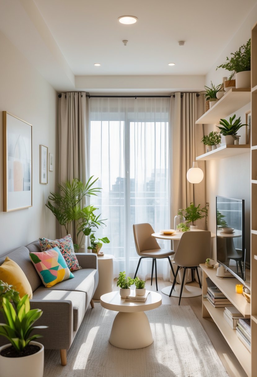 A small apartment living and dining area with a sofa, coffee table, bookshelf, dining table, and decorative plants in a bright, well-organized space.