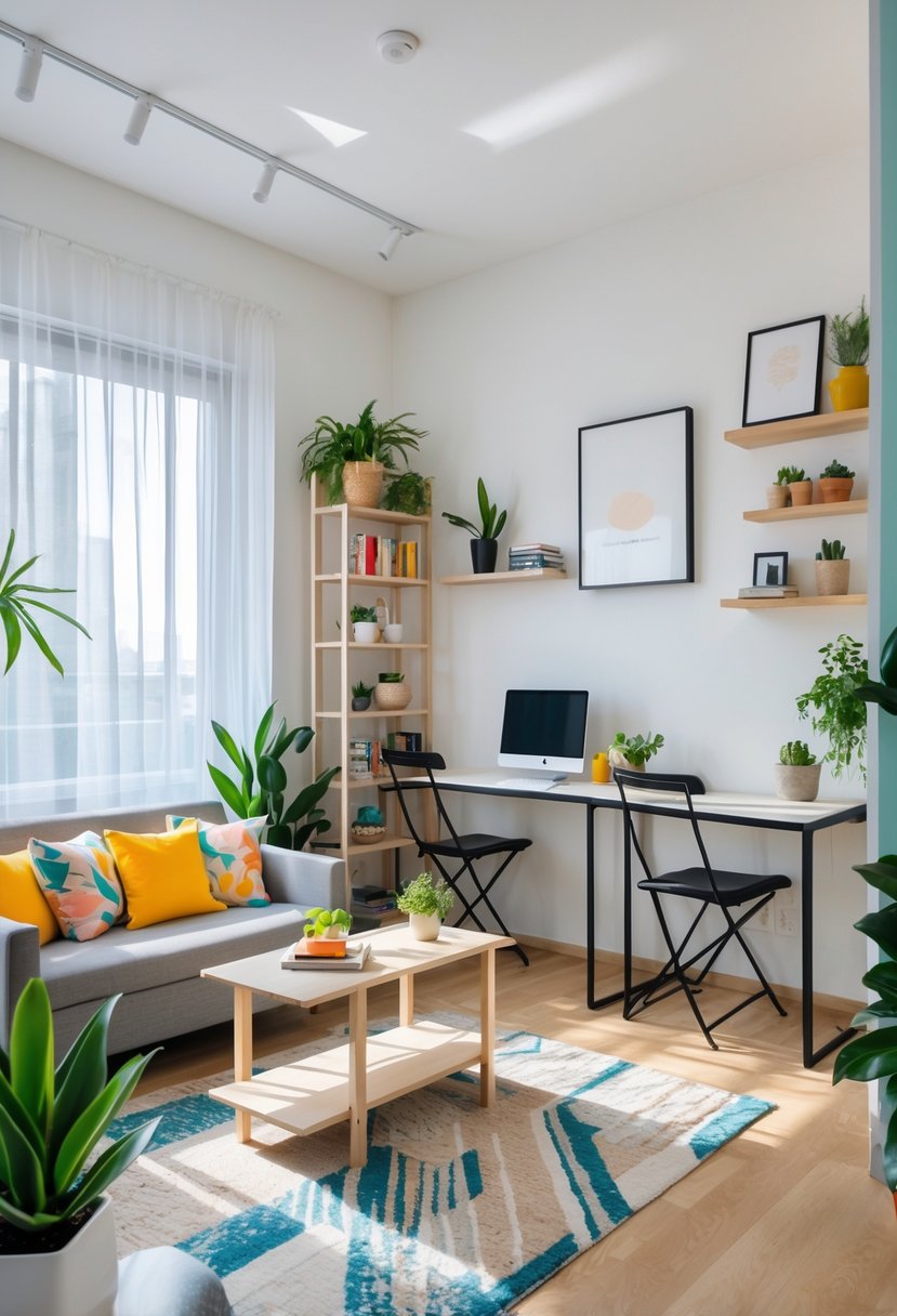 A small apartment living area with a compact sofa, coffee table, bookshelf, dining nook, workspace, and plants arranged to maximize space and comfort.