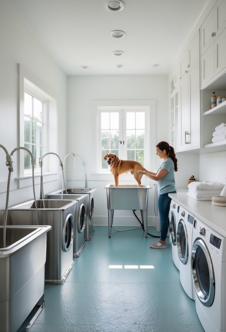 Laundry room dog bath with waterproof flooring