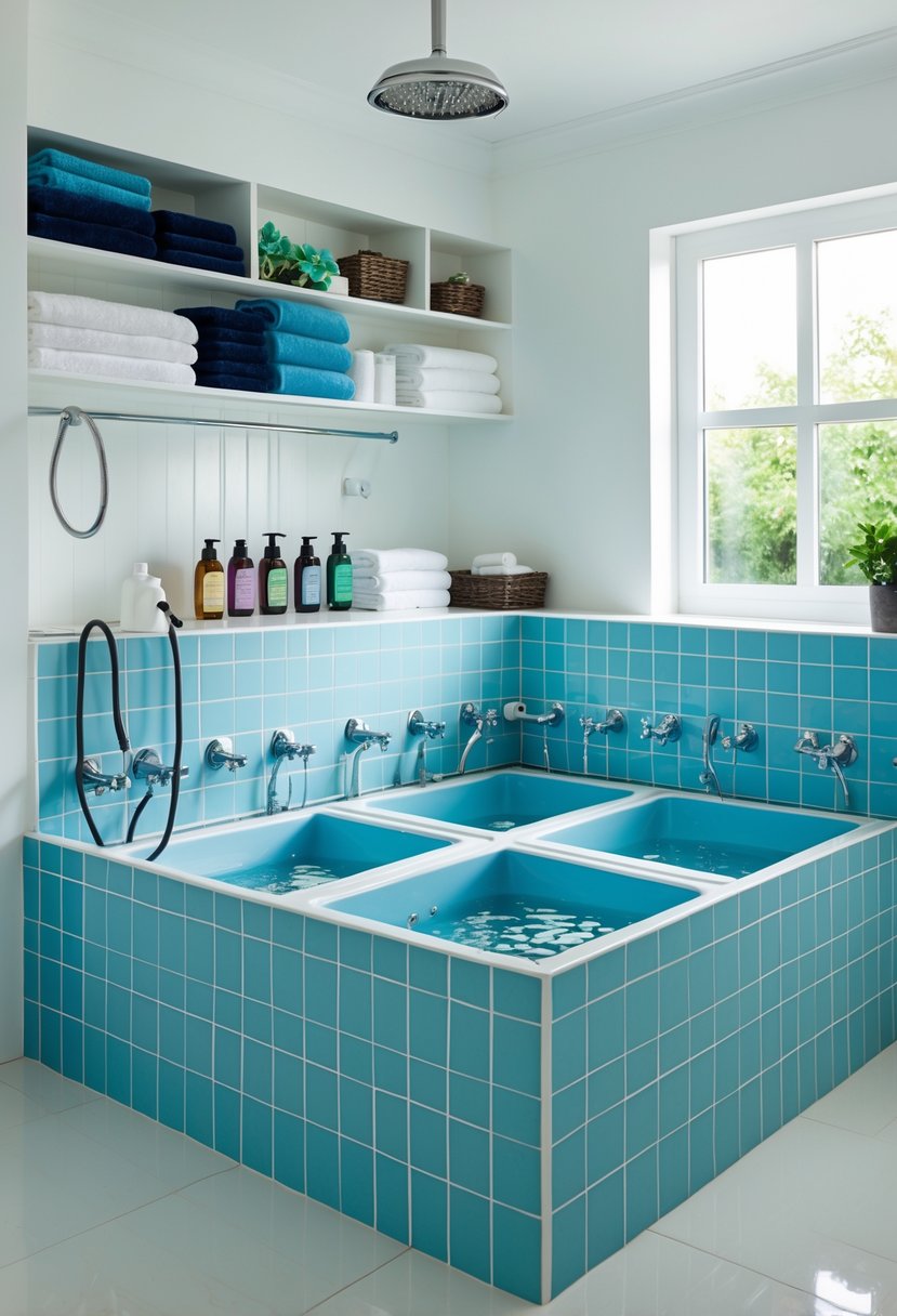Laundry room with a raised tiled wash basin divided into seven dog washing compartments and grooming supplies nearby.