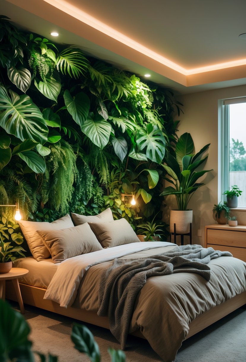 Basement bedroom with a green botanical accent wall, bed, and wooden furniture in a cozy setting.