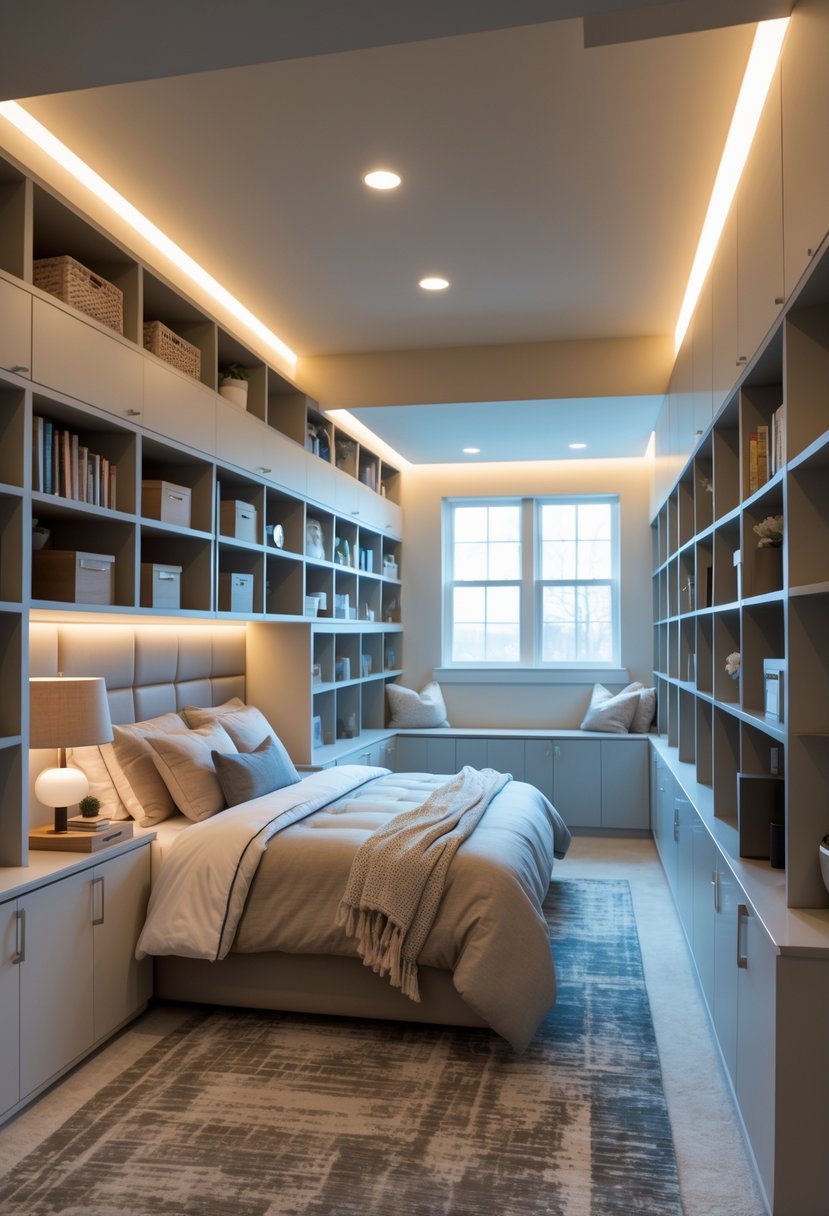 Basement bedroom with floor-to-ceiling storage units, a bed, and organized shelves in a well-lit room.
