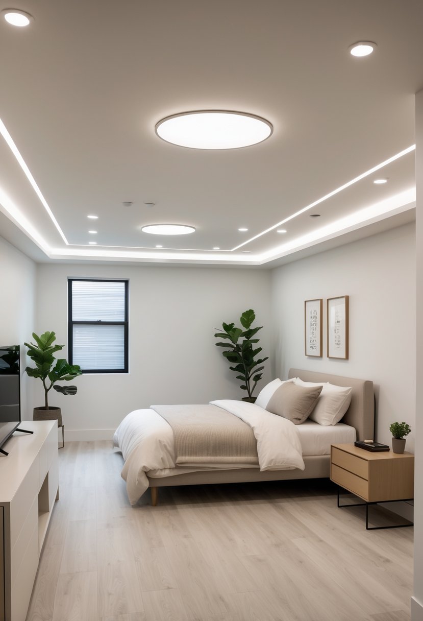 A bright basement bedroom with built-in ceiling lights, a bed, nightstand, and simple decor.