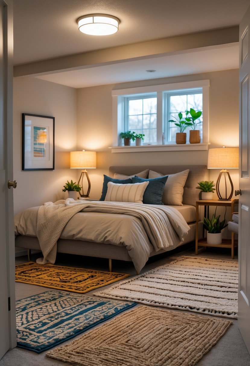 A basement bedroom with a bed, layered textured area rugs on the floor, warm lighting, and decorative plants.