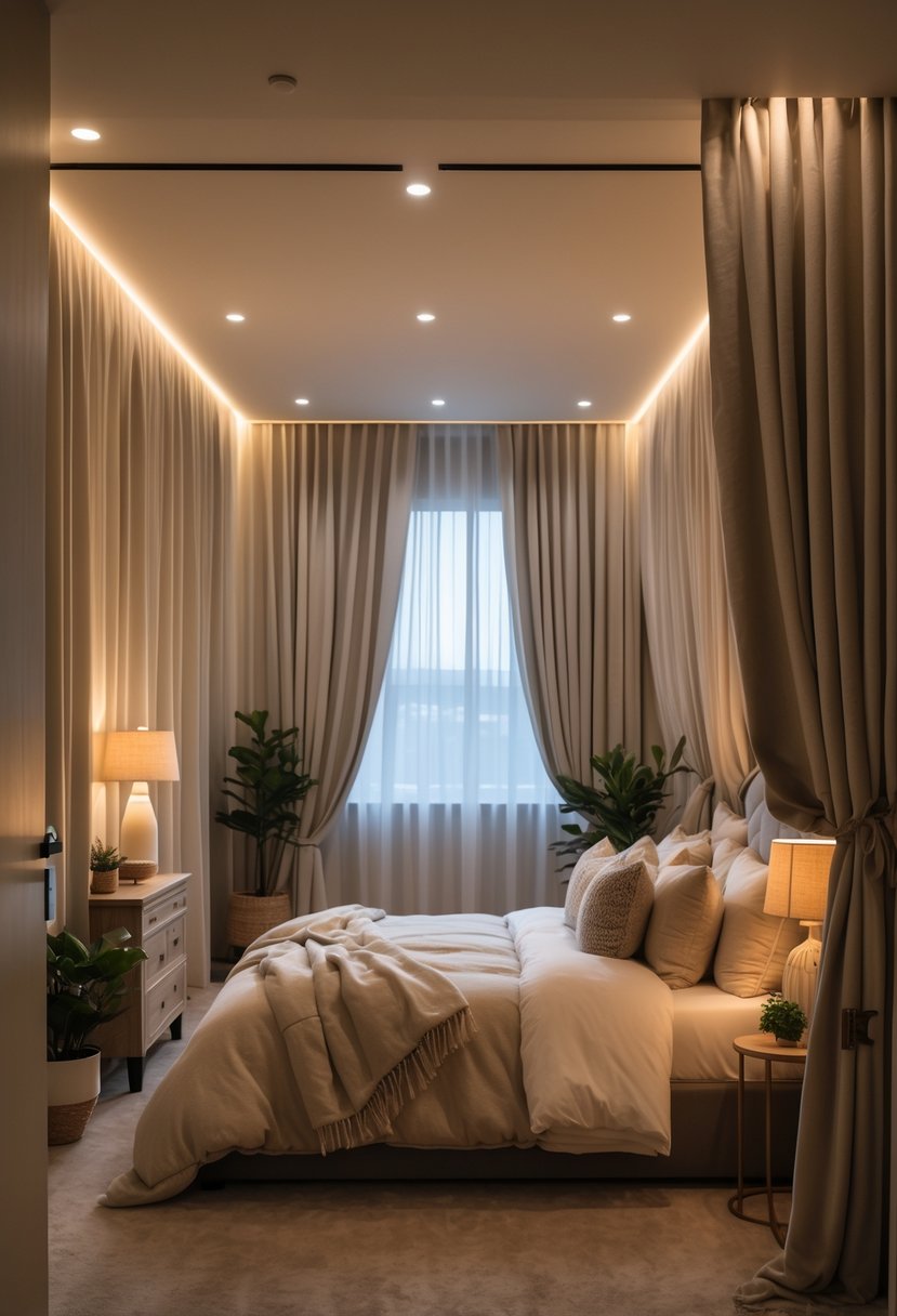 A basement bedroom with curtains on the walls, a bed, bedside table with a lamp, and a small plant.