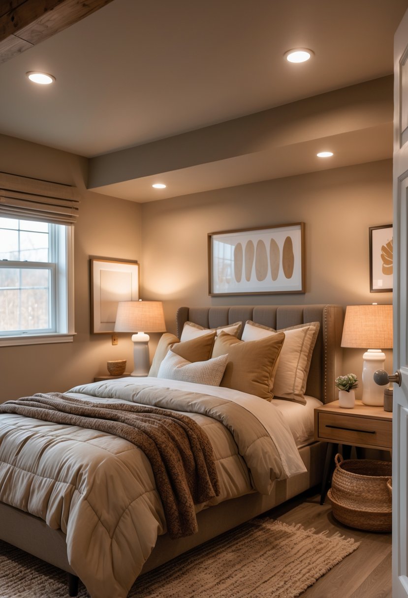 A cozy basement bedroom with warm neutral colored walls, a bed with soft bedding, bedside lamps, and wooden furniture.