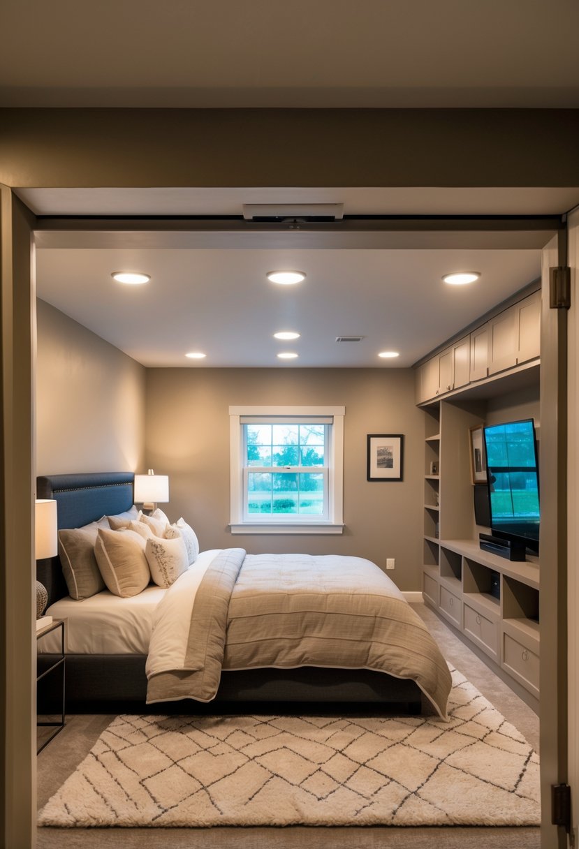 A cozy basement bedroom with a bed, bedside table, lamp, window, and storage shelves.