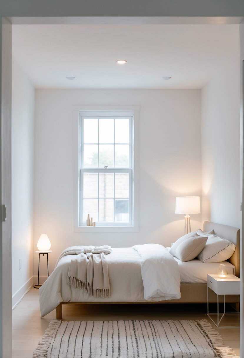 A bright basement bedroom with white walls, a bed, bedside table with lamp, and no windows.
