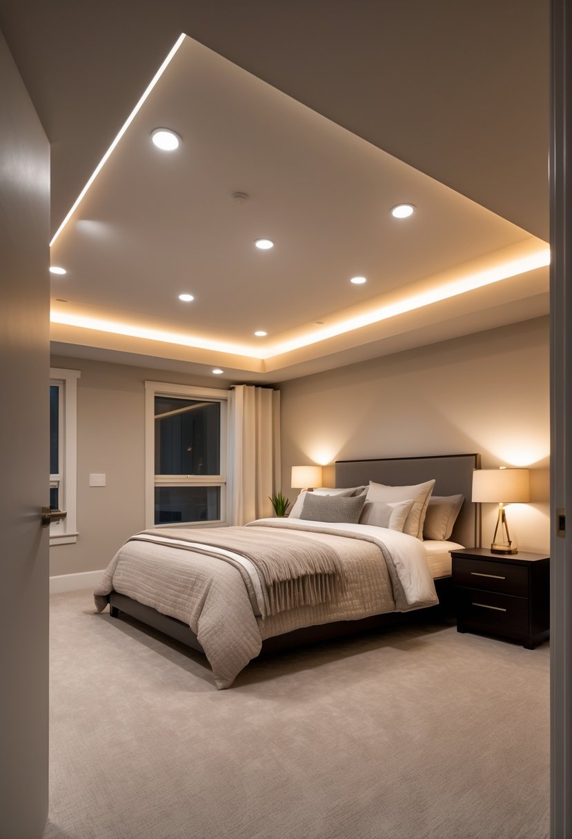 A basement bedroom with no windows, illuminated by recessed ceiling lights and a bedside task lamp, featuring a bed and simple furniture.