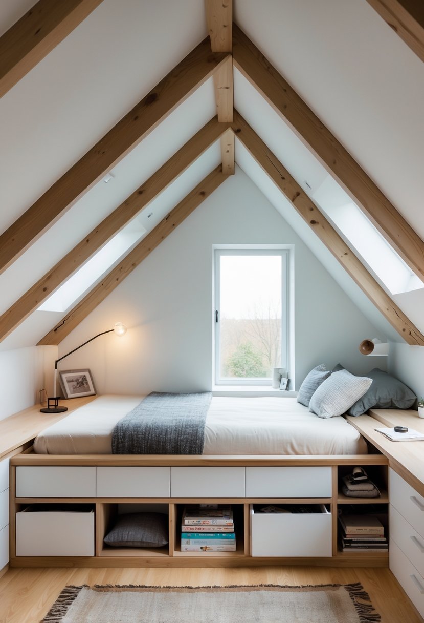 A small attic bedroom with a built-in storage bed under a sloped ceiling and skylight window, featuring drawers and shelves for organization.