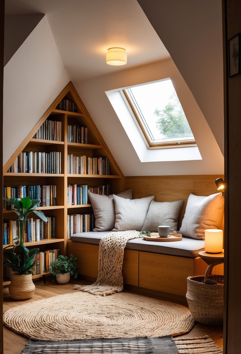 A small attic room with built-in bookshelves, a cushioned window seat with pillows, layered rugs on the floor, and soft natural light coming through a skylight.