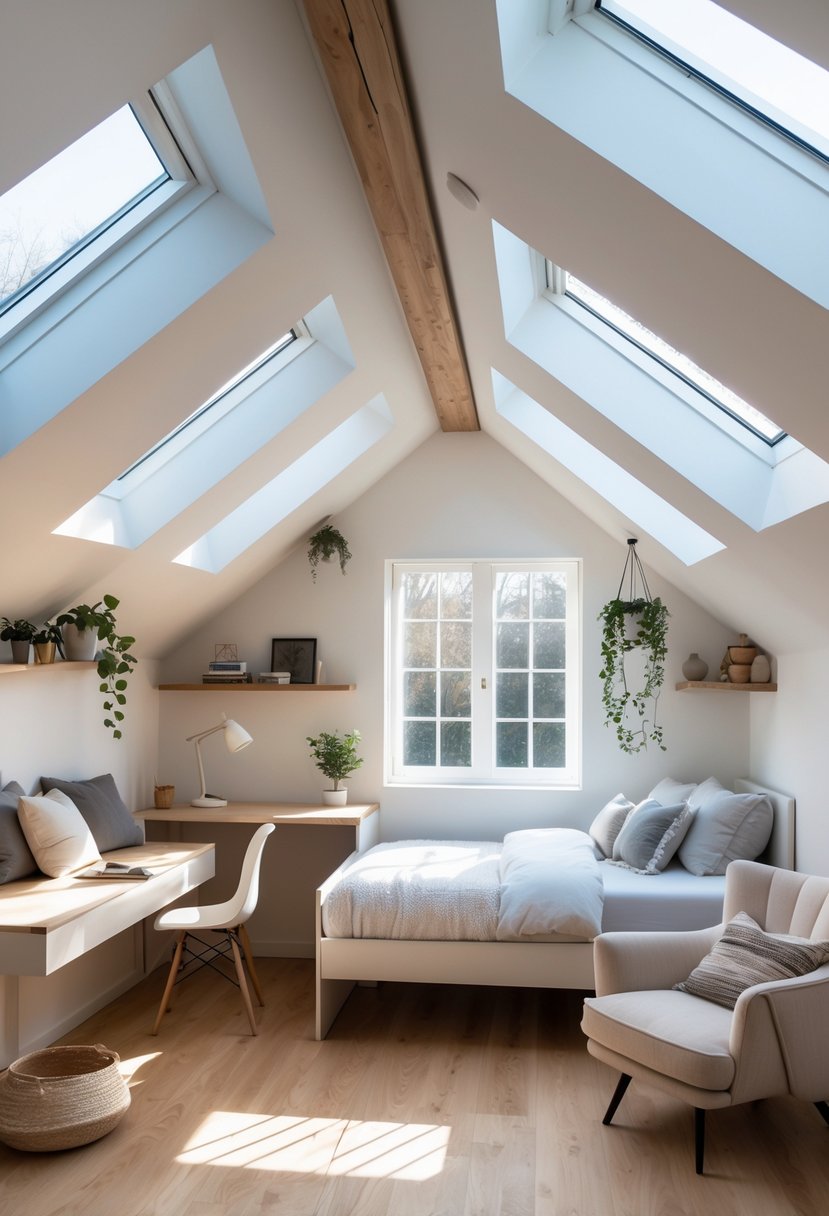 A small attic room with skylights and dormer windows letting in natural light, showing a cozy reading nook, workspace, bed, and storage.