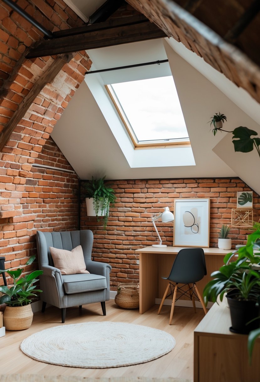 A small attic room with exposed brick walls, a skylight window, a reading chair, a wooden desk, and plants.
