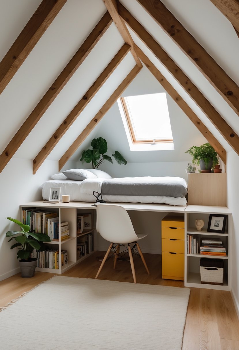 A small attic bedroom with a lofted bed, a workspace underneath, and natural light coming through a skylight.