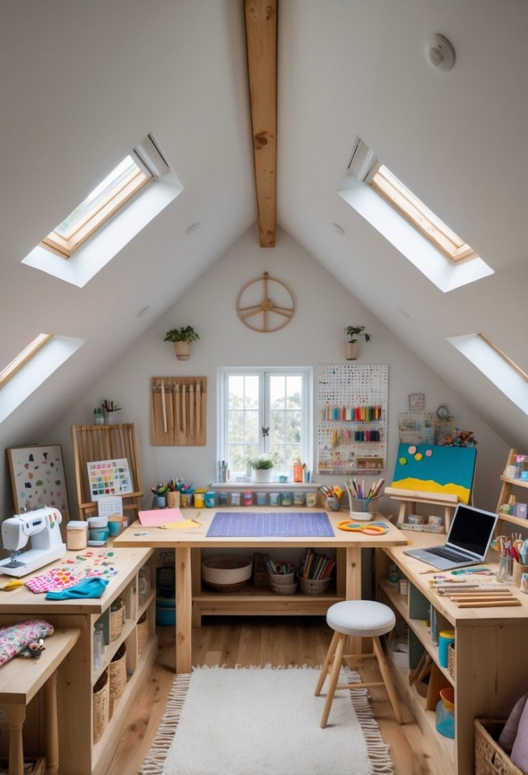An attic craft room with a central worktable surrounded by various crafting supplies and seven small crafting areas under sloped ceilings with natural light.