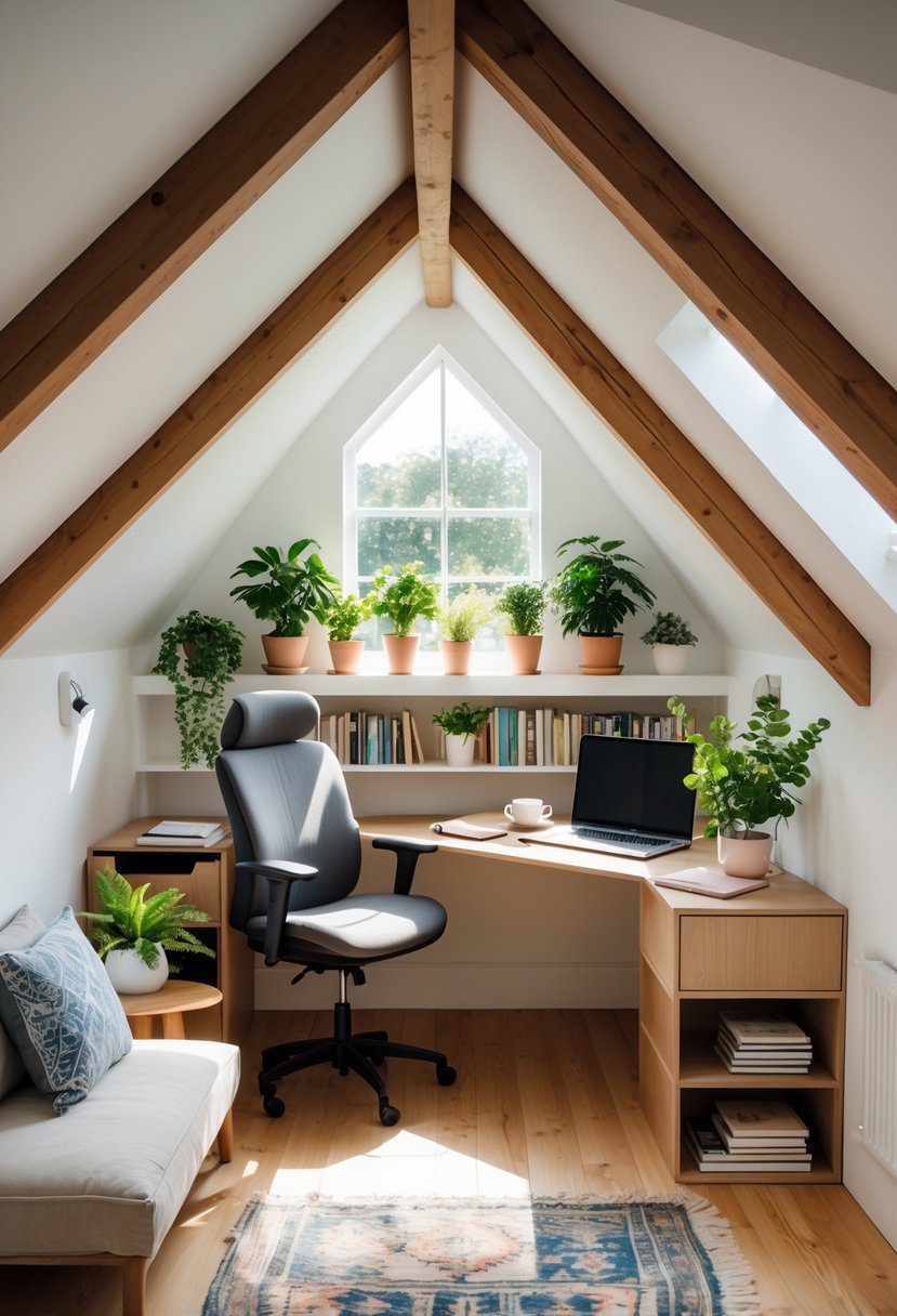A sunny attic room with a desk, chair, plants, bookshelves, and natural light coming through a skylight.
