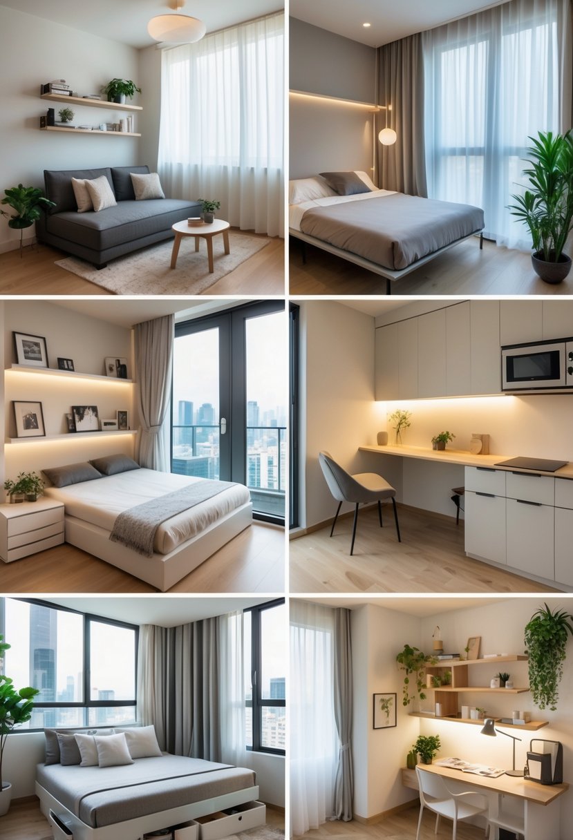 Seven different small studio apartments showing various layouts and space-saving furniture with bright lighting and modern decor.