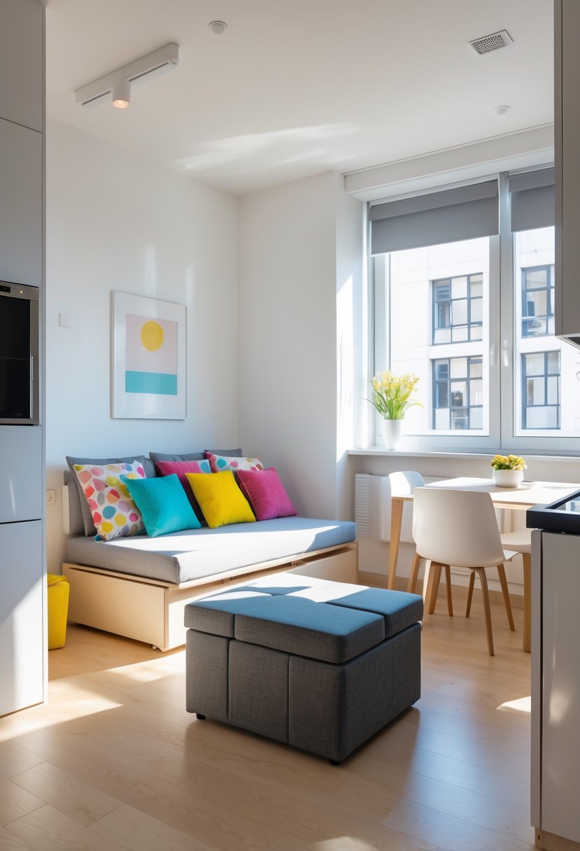 A small studio apartment with a sofa bed, storage ottoman, dining table, and kitchenette, all arranged to maximize space.