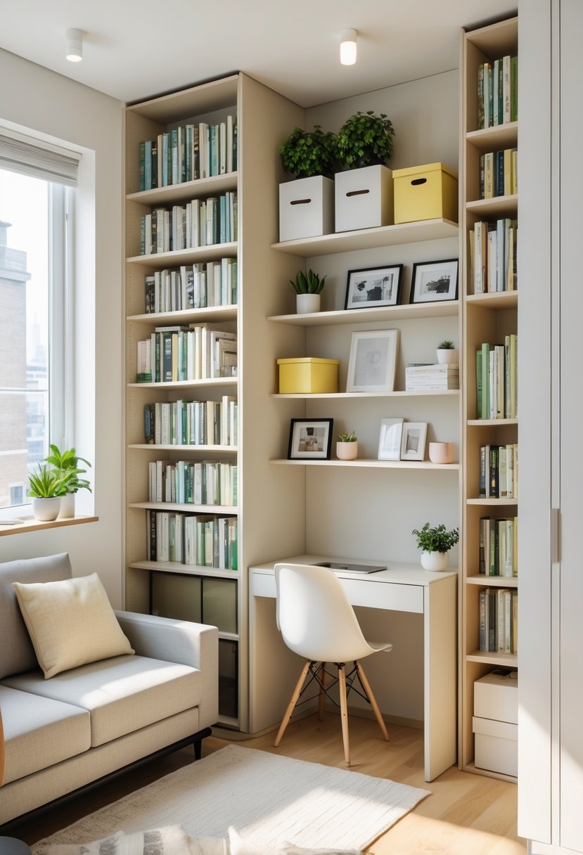 Small studio apartment with tall bookcases and wall shelves filled with books and decor, showing efficient vertical storage.