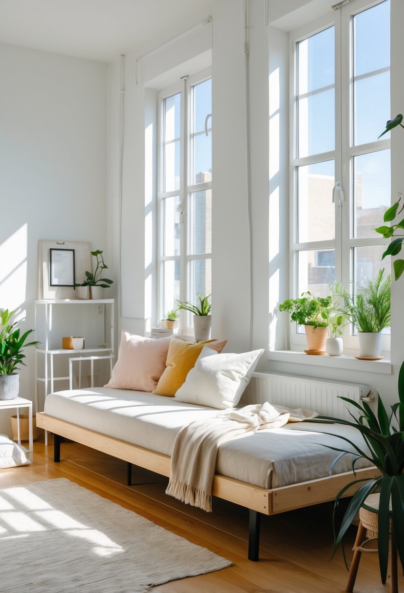 Small studio apartment with a daybed used as both seating and sleeping area, surrounded by simple furniture and plants.