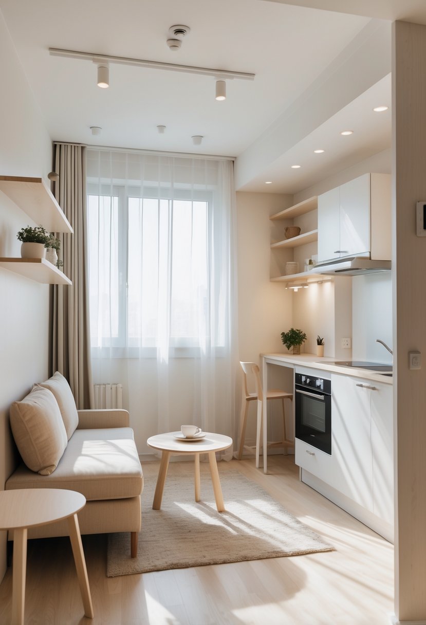 A small studio apartment with light walls, wooden floors, a sofa, coffee table, kitchenette, and dining area, all in neutral colors and filled with natural light.