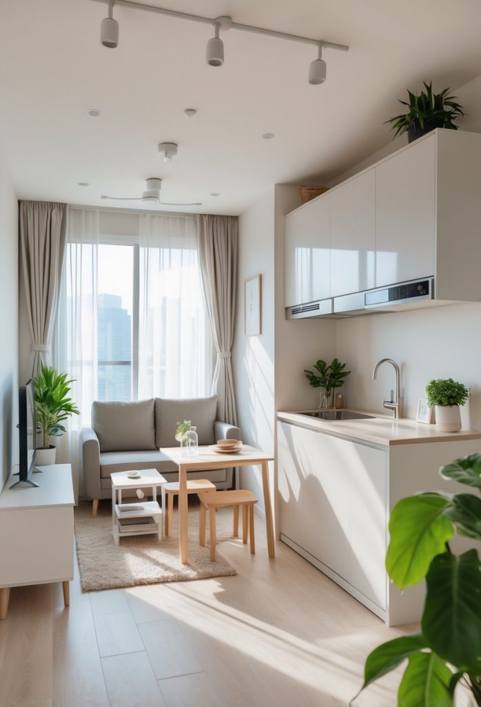 A small studio apartment with a cozy living area, foldable dining table, compact kitchen, loft bed, and indoor plants.