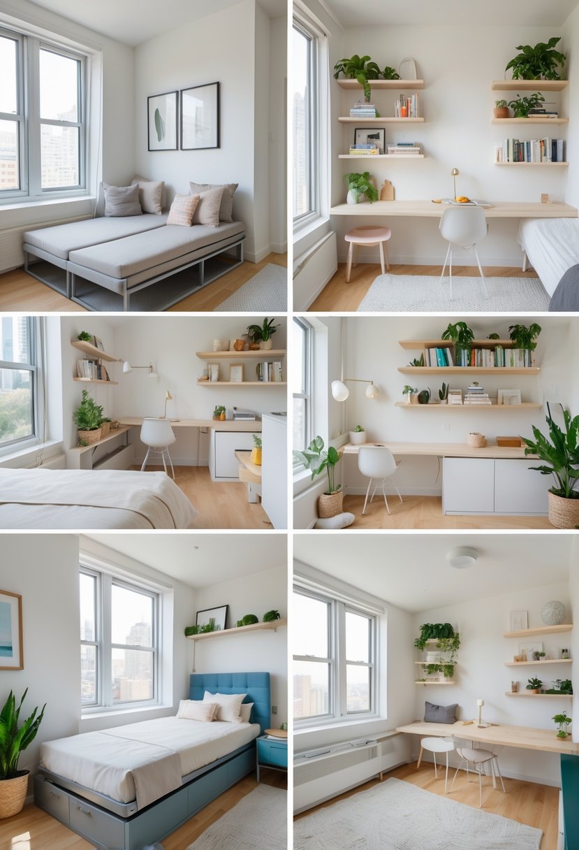 A small studio apartment interior with a fold-out sofa bed, wall-mounted desk, floating shelves, dining nook, storage units, room divider, and large windows letting in natural light.