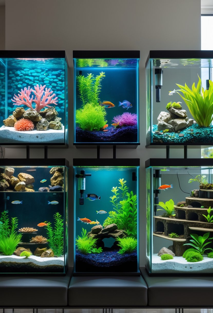 Seven different fish tanks, each with unique aquatic plants, decorations, and fish, displayed indoors on stands and shelves.