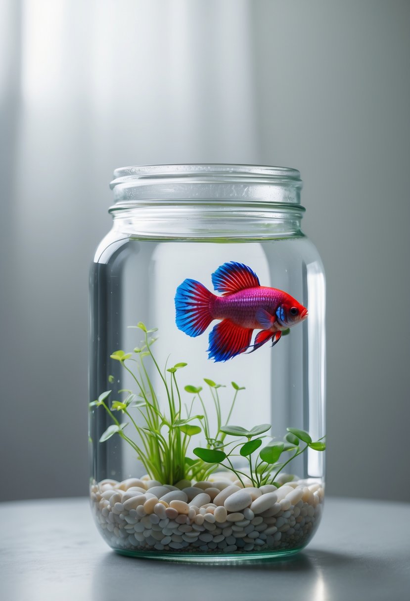 A mason jar aquarium with a betta fish swimming inside, containing pebbles and aquatic plants.