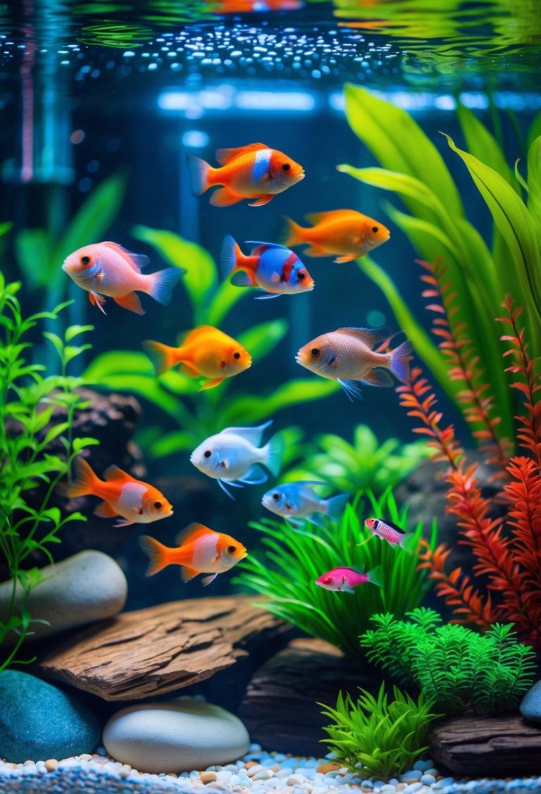 A tropical aquarium with seven colorful fish swimming among green plants and natural decorations.
