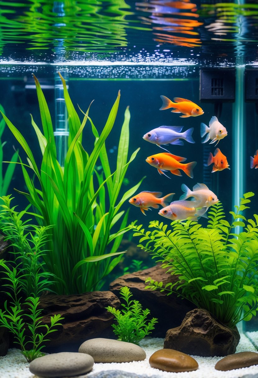 A clear freshwater aquarium with Amazon Sword and Java Fern plants and seven colorful tropical fish swimming among them.