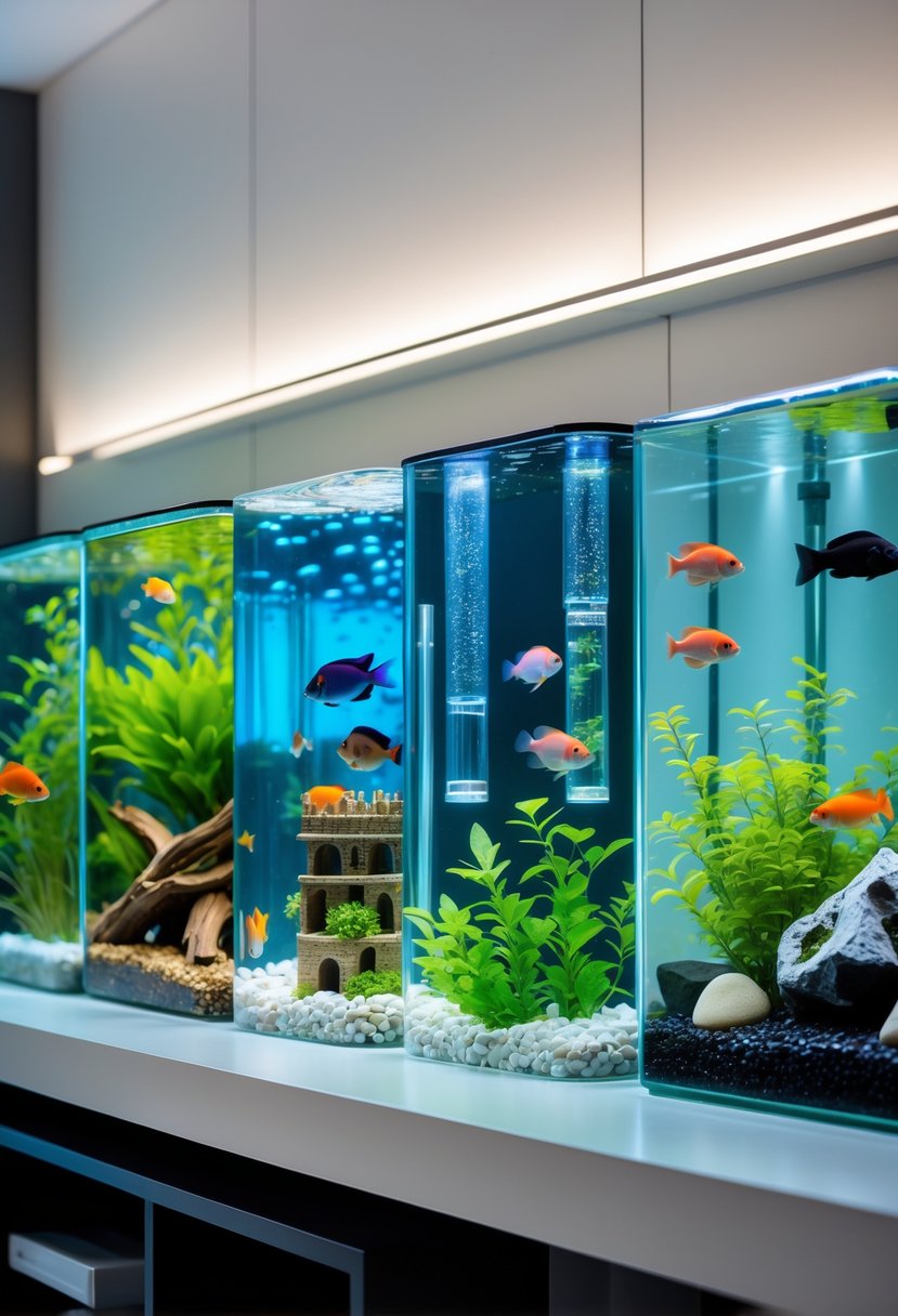 Seven distinct fish tanks arranged on a modern shelf, each with different aquatic plants, fish, and decorations.