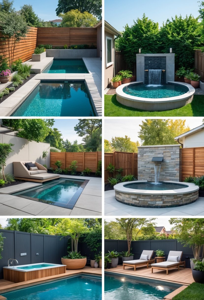 Seven different small backyard pools including plunge pools, hot tubs, and natural stone pools surrounded by plants and outdoor furniture.