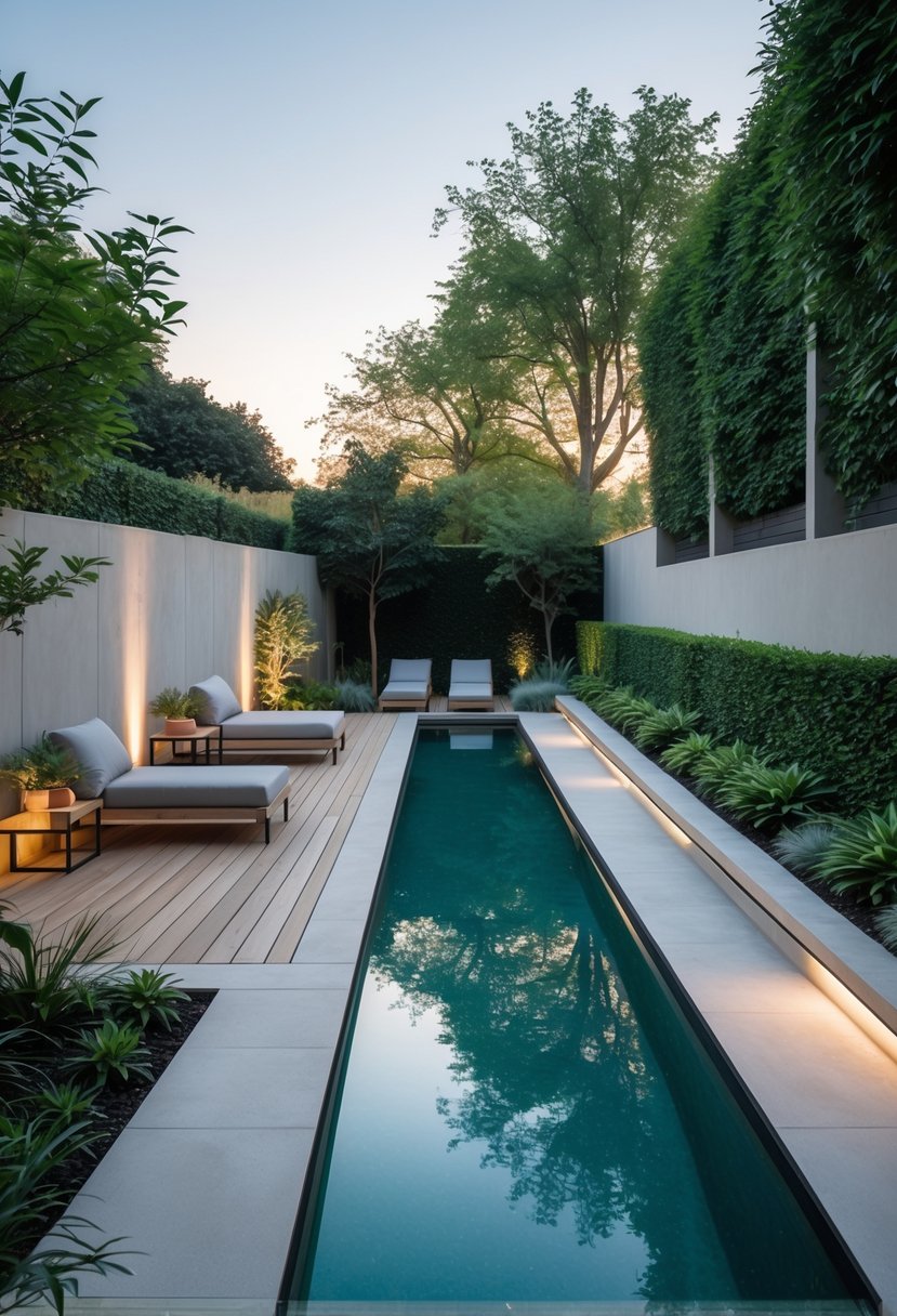 A narrow backyard with a long lap pool surrounded by wooden decking, plants, and outdoor furniture.
