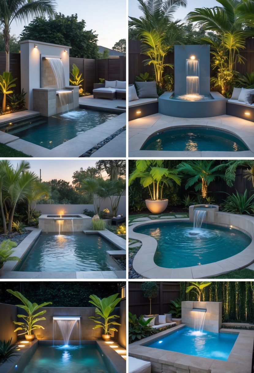 Seven small backyard plunge pools with integrated water features surrounded by greenery and patio furniture.