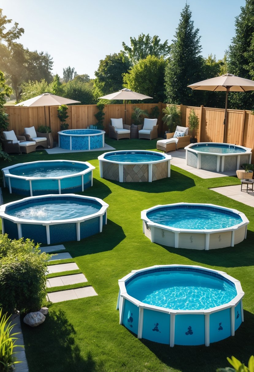 Seven small above-ground pools in a backyard with grass, plants, outdoor furniture, and a wooden fence.