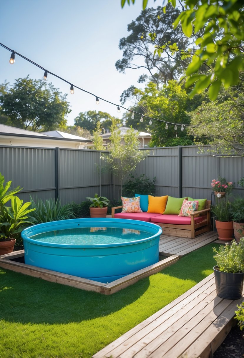 Small backyard with a stock tank pool, outdoor seating, plants, and string lights under a sunny sky.