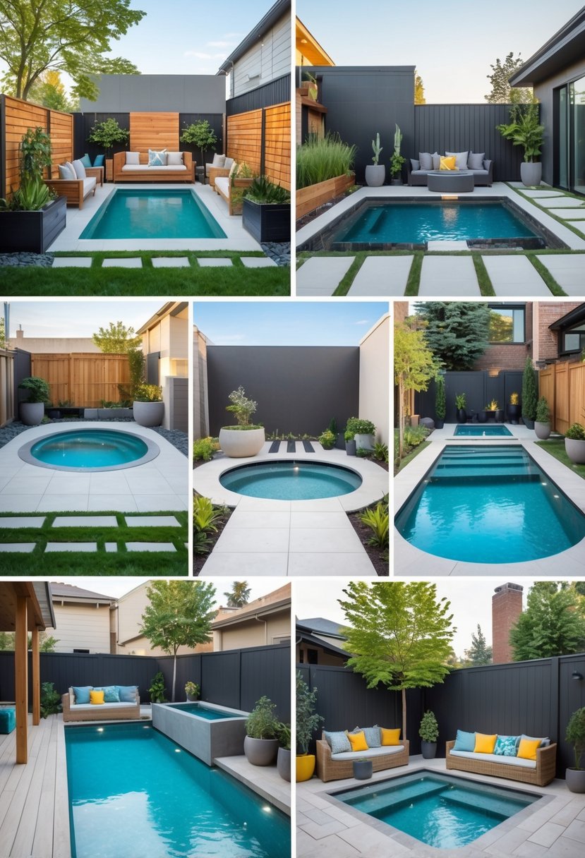Seven different small backyard courtyard pools in urban settings, each surrounded by plants, seating, and modern landscaping.