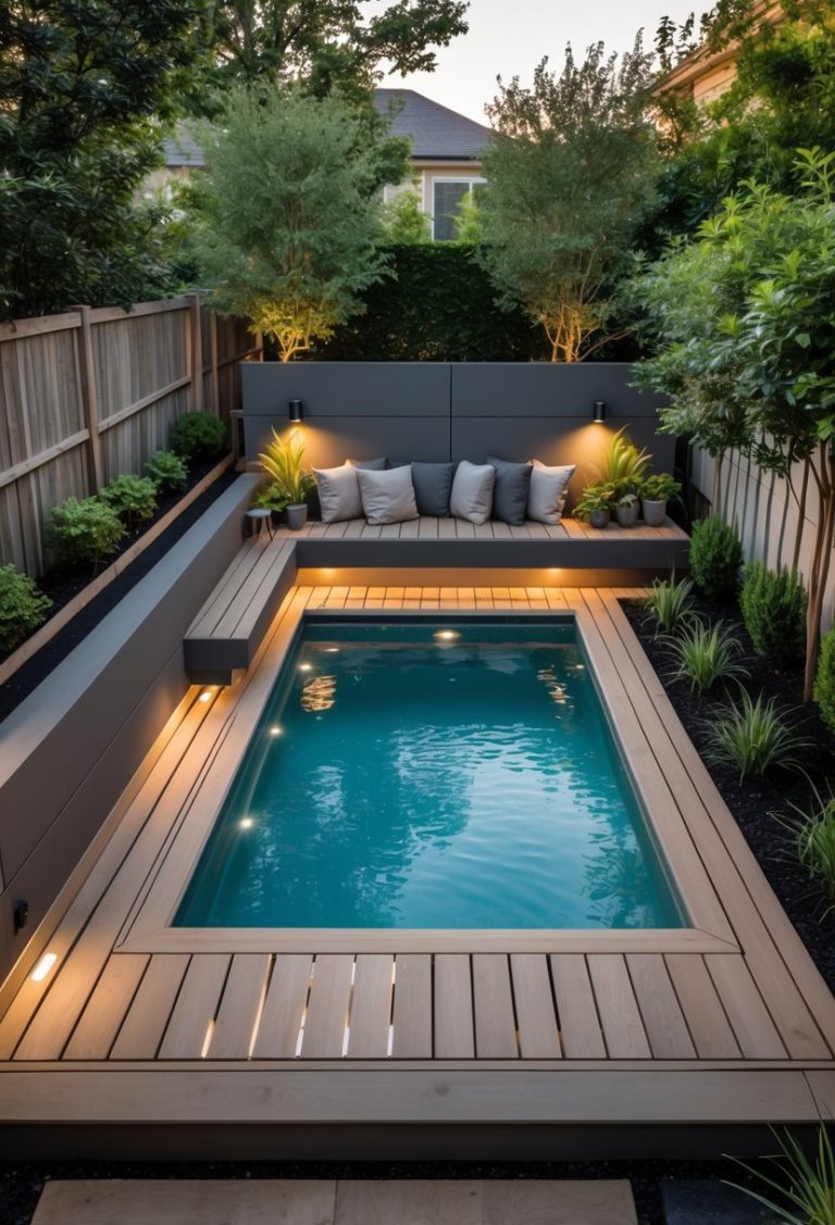 A small backyard with a rectangular swimming pool integrated into a wooden deck surrounded by plants and seating.
