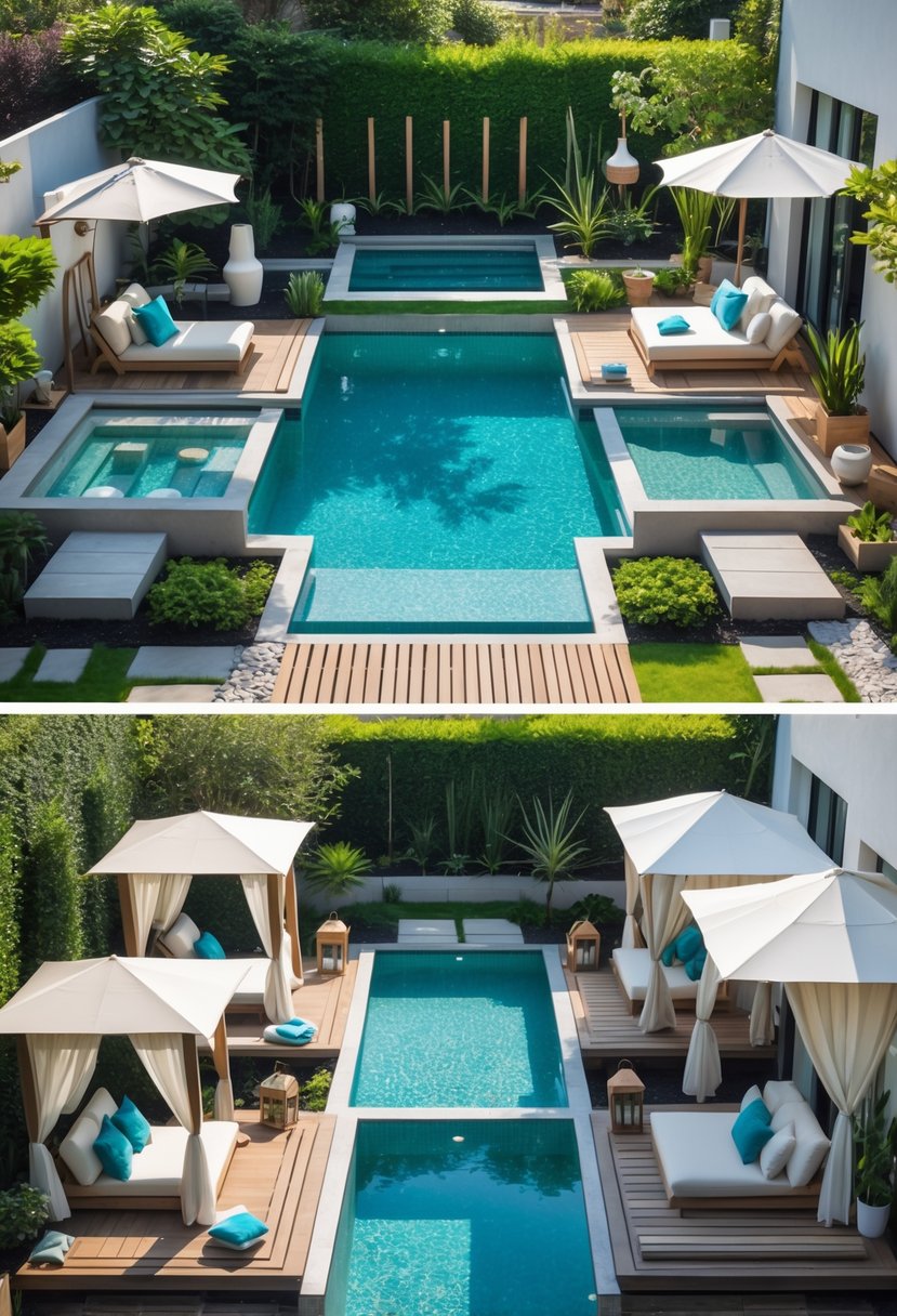 Seven small backyard pools with mini sun decks and cabanas surrounded by greenery and outdoor furniture.