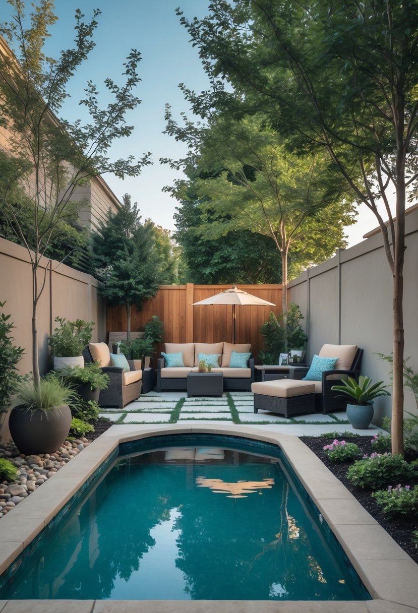 A small backyard with a modern swimming pool surrounded by plants, lounge chairs, and outdoor furniture.